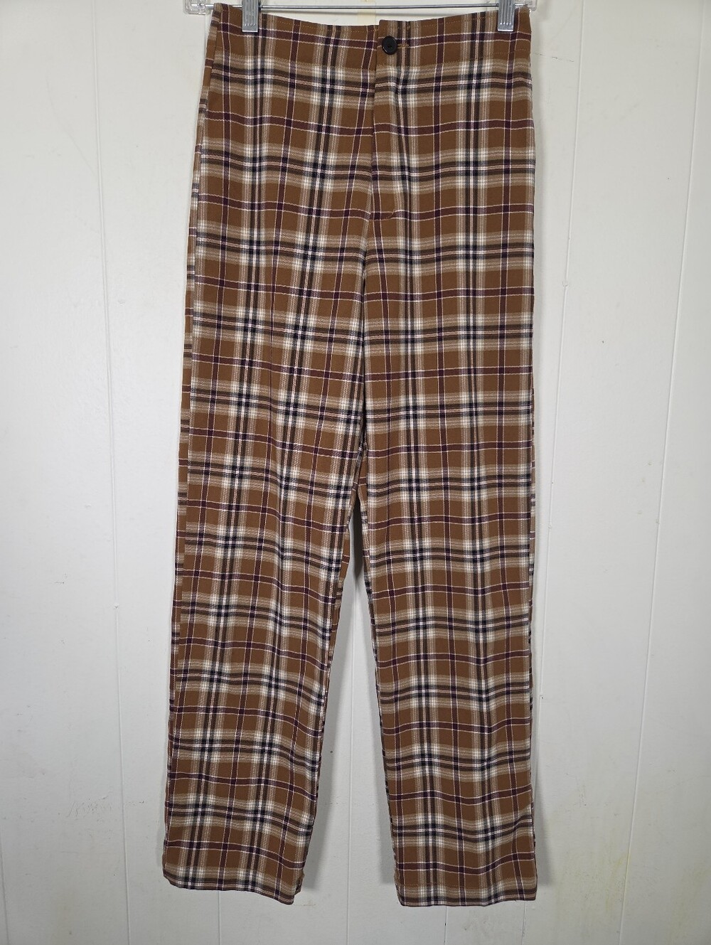 John Galt Brandy Melville Fall Brown Plaid High Rise Straight Leg Pants One Size